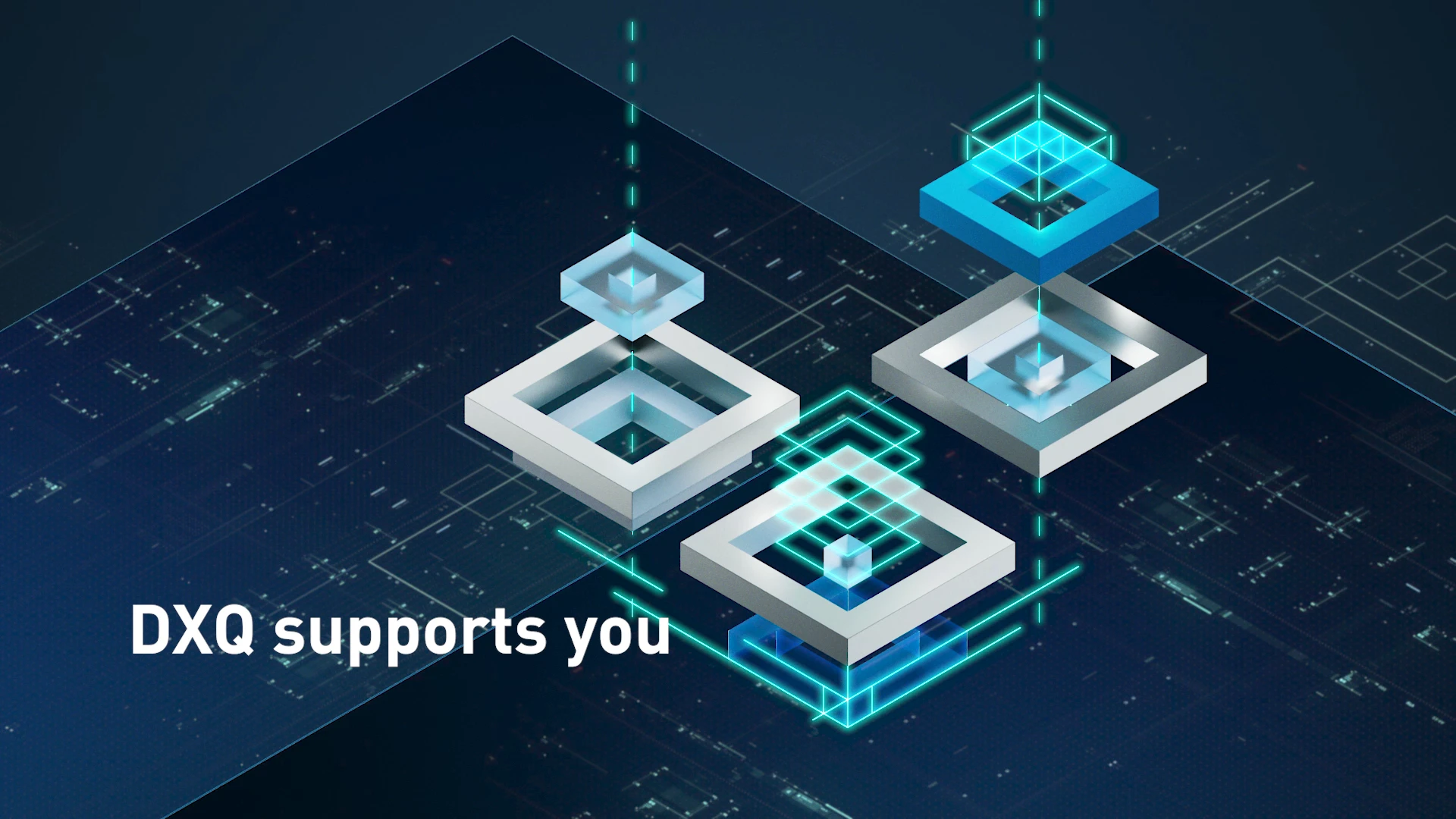 Futuristic graphic with technological elements: Glowing, floating geometric shapes interconnected with digital lines. Text in the image: 'DXQ supports you'.