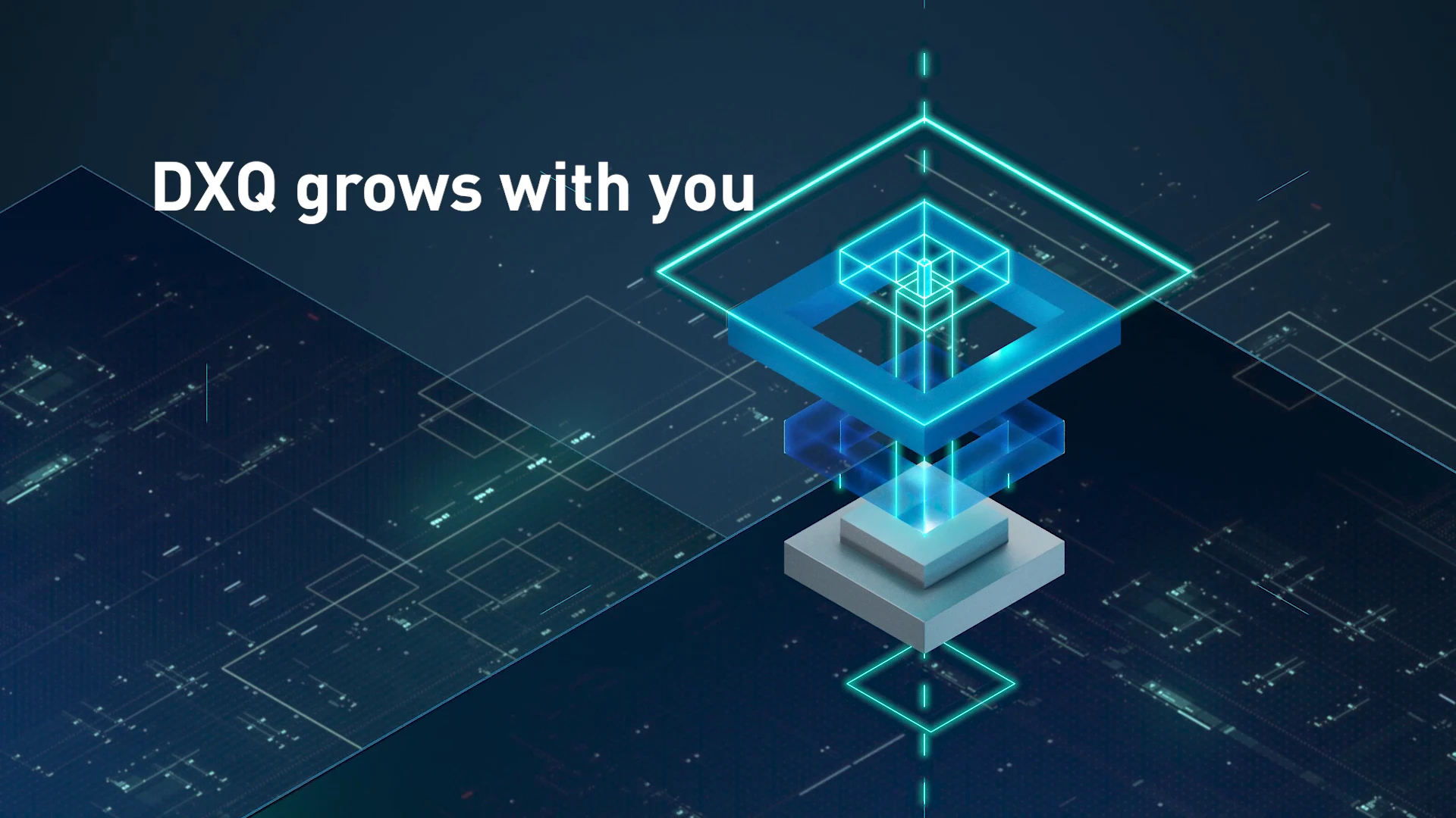 Abstract graphic with technological elements: A glowing, futuristic design featuring geometric shapes and digital lines. Text in the image: 'DXQ grows with you'
