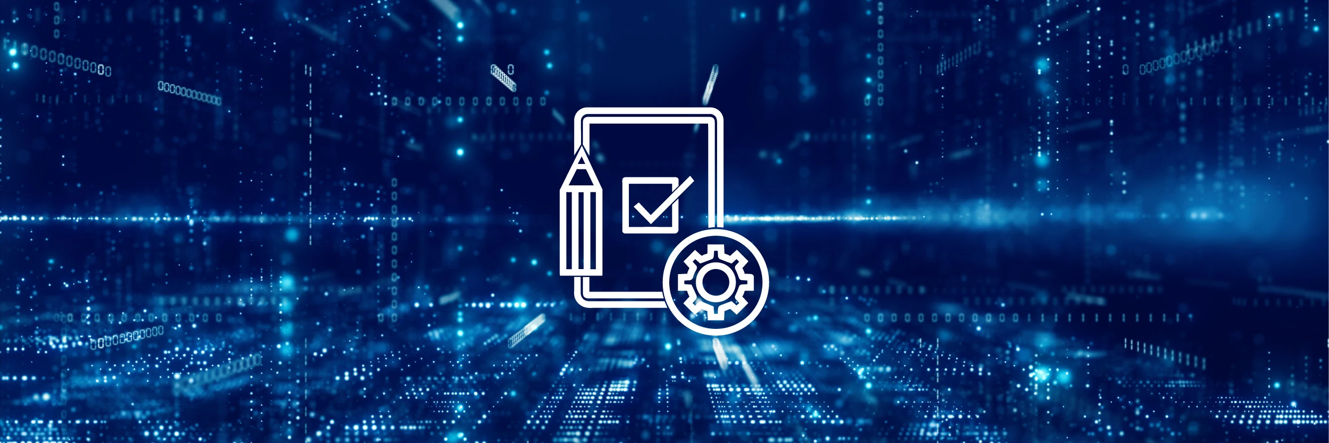 A digital illustration of a pencil, a checklist, and a gear icon over a glowing blue, futuristic data background.